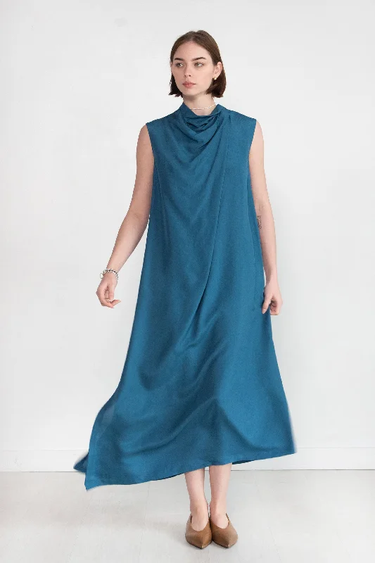 Dinari Sleeveless Dress with Draped Collar, Petrol