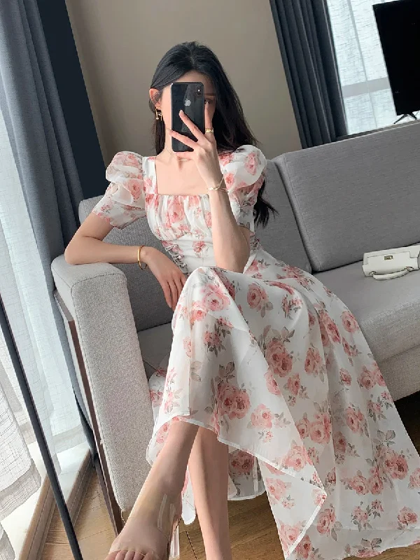 Lunivop Korean Summer Fashion Chiffon Floral Dress Women Casual A-Line Fairy Party Midi Vestidos Female Vintage Beach Short Sleeve Robe