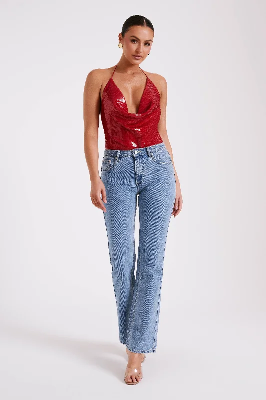 Nathalie Sequin Cowl Bodysuit - Red