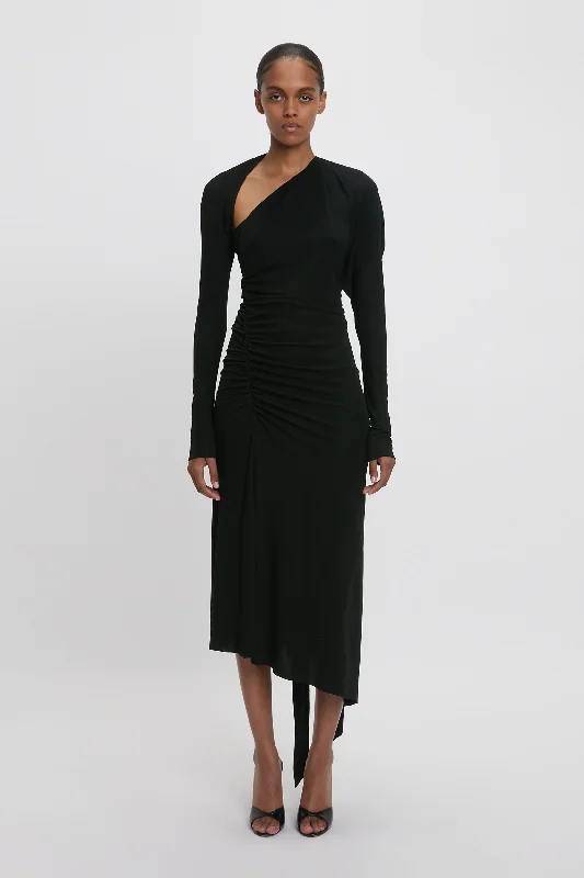 Slash-Neck Ruched Midi Dress In Black