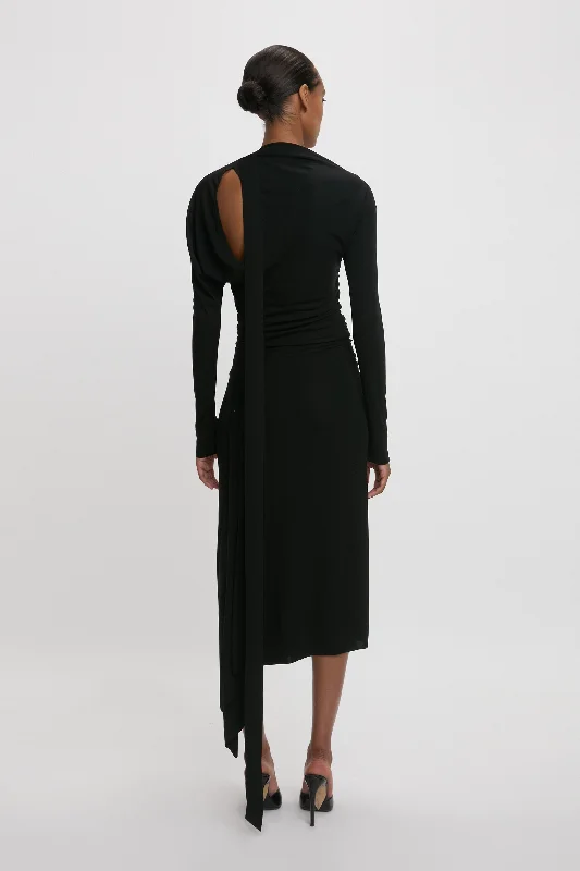 Slash-Neck Ruched Midi Dress In Black