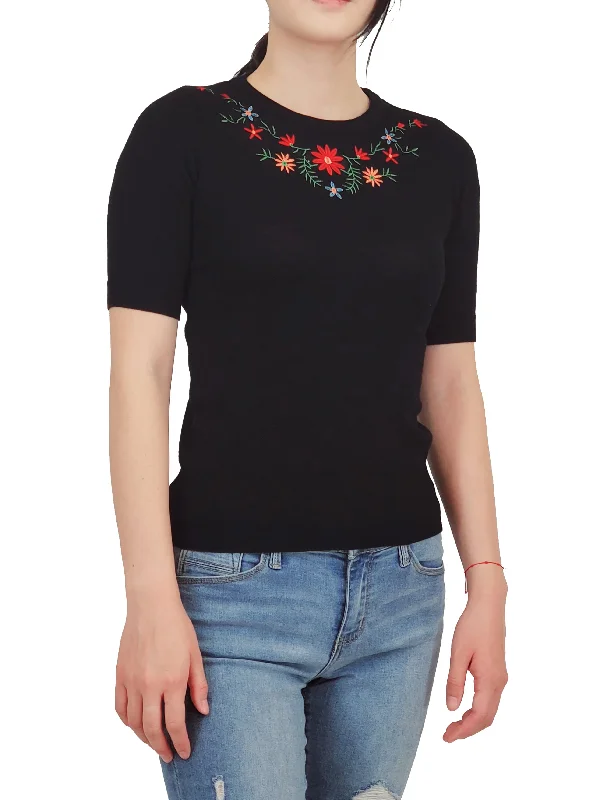 YEMAK Women's Daisy Flower Embroidered Crewneck Casual Knit Pullover Sweater MK3664EMBO (S-L)