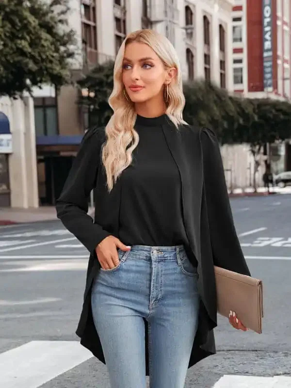 Women’s Casual Solid Color Half Turtleneck Long Sleeves Fake Two Piece Shirt