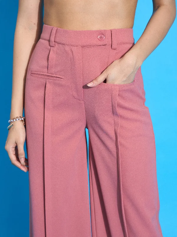 Women Peach Front Pleated Straight Fit Trousers