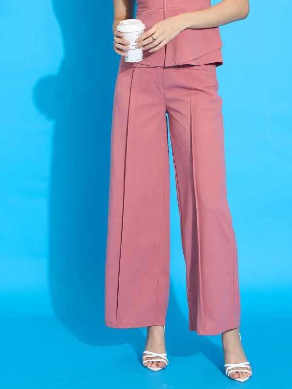 Women Peach Front Pleated Straight Fit Trousers