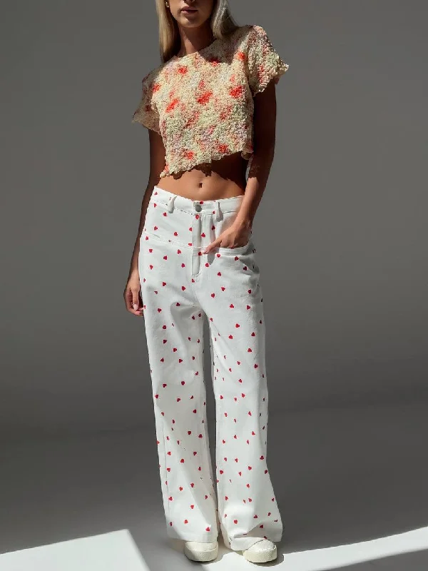 Stylish Heart-Patterned White Pants