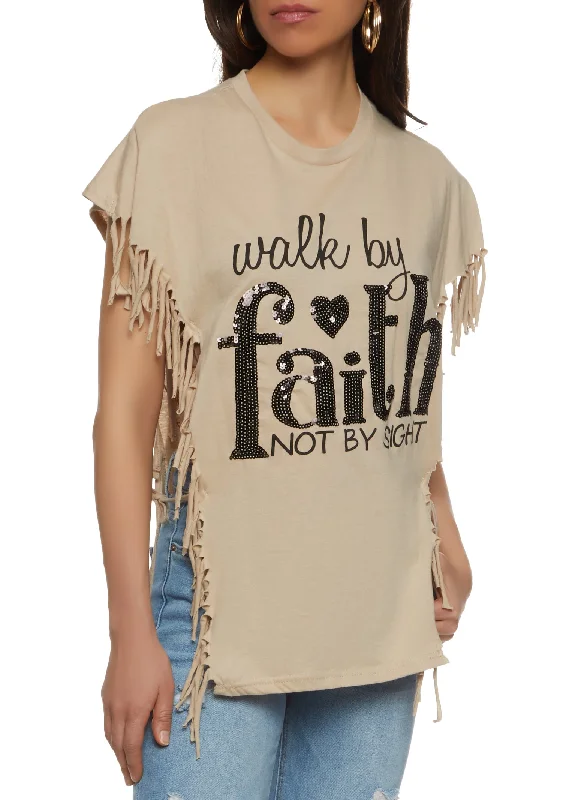 Walk By Faith Not By Sight Sequin Fringe Graphic Top