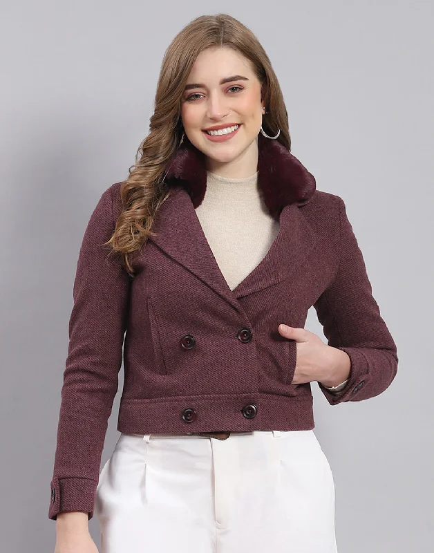 Women Maroon Solid Lapel Collar Full Sleeve Coat