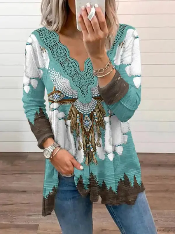 Women’s Knitted Casual Ethnic Aztec Print Lace Top