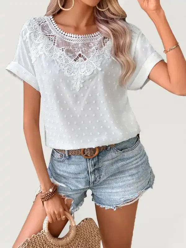 Women’s Lace Ruffled-neck Short Sleeve Top