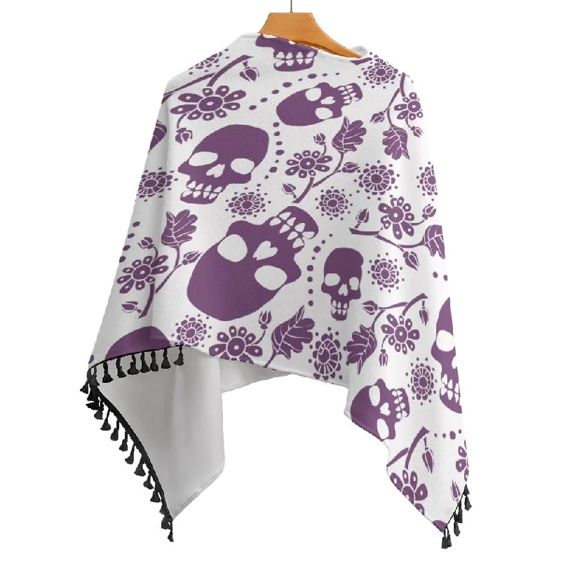 Women's Purple Skulls Knitted Cape With Fringed Edge