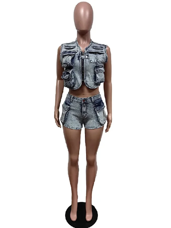 FZ Women's Sleeveless Stretch Cargo Streetwear Two Piece Denim Shorts Suit