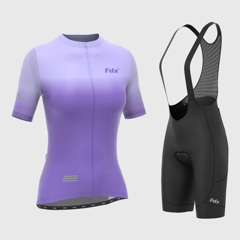 Fdx Women's & Girl's Set Duo Purple Short Sleeve Cycling Jersey, Cargo Bib Shorts