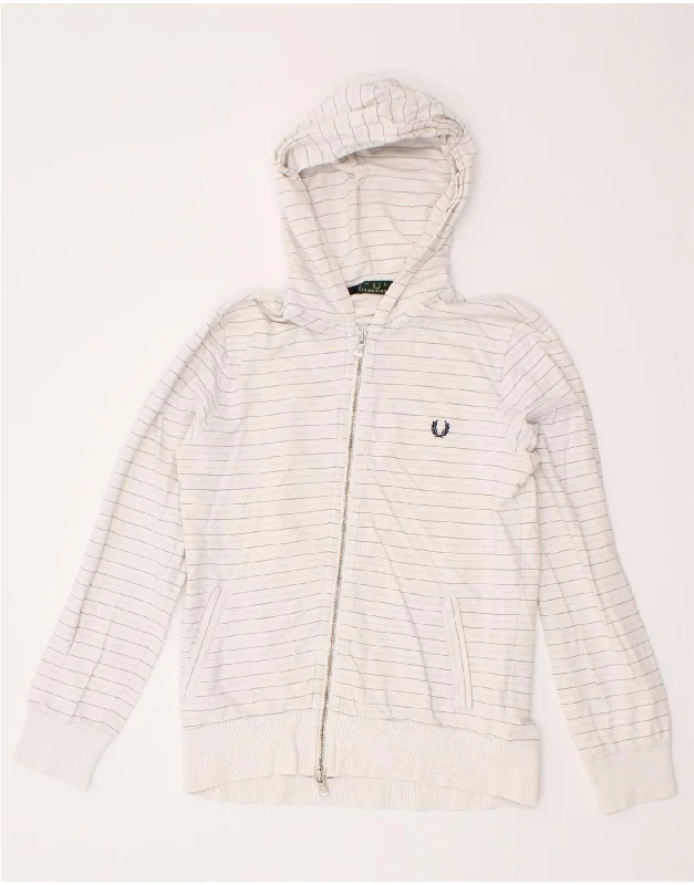 FRED PERRY Womens Zip Hoodie Sweater UK 14 Large White Striped Cotton