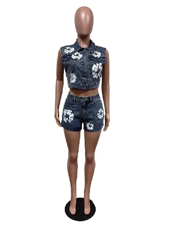 FZ Women's Printed Single Breasted Sleeveless Two Piece Denim Shorts Suit