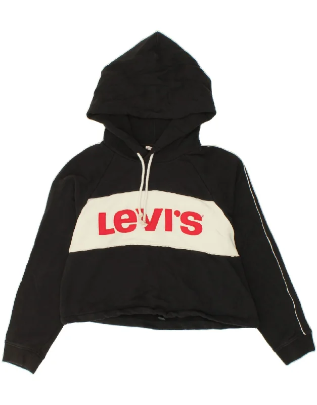 LEVI'S Womens Crop Graphic Hoodie Jumper UK 14 Medium Black Colourblock